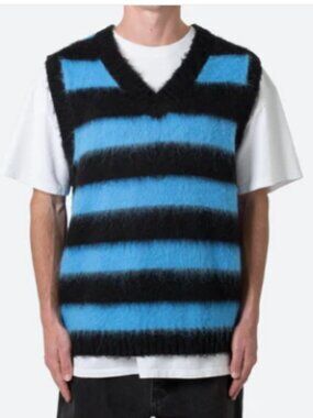 MNML Fuzzy Striped V-Neck Sweater Vest Size XXL preppy streetwear 90s boxy